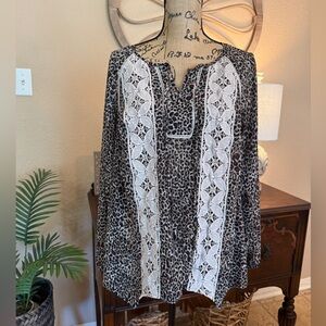 Democracy Boho Leopard Print Blouse with Cream Floral Crotched Lace